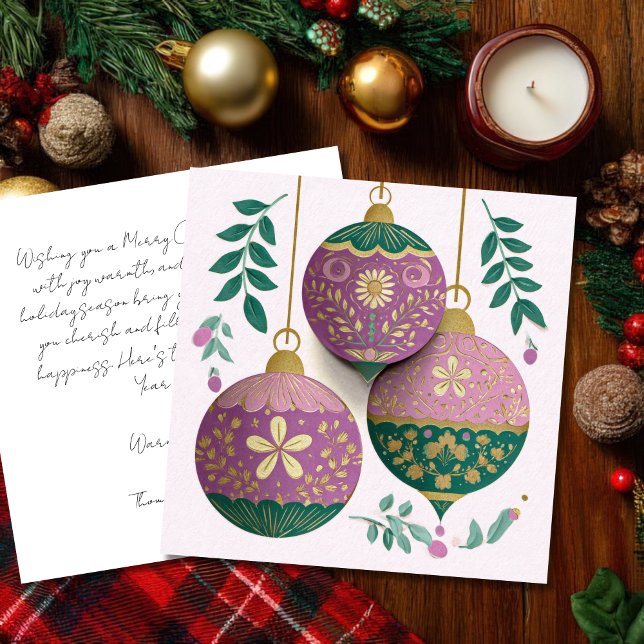 Festive and elegant Christmas Baubles Greeting Karte (Von Creator hochgeladen)