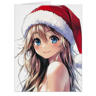Festive Anime Girl Santa Hat avec yeux bleu clair
