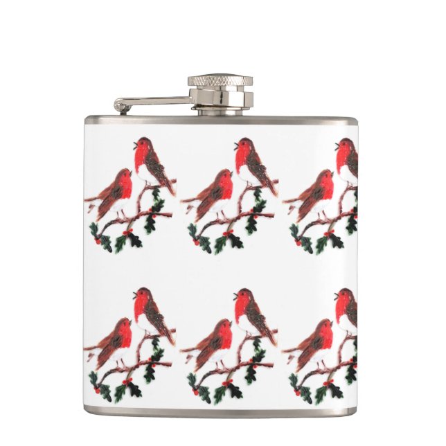 Festive Bird Art Holly Robins Flachmann (Vorderseite)