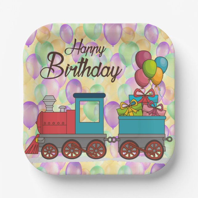 Festive Birthday  Balloon Train Birthday Pappteller (Vorderseite)