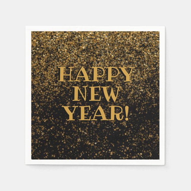 Festive Black and Gold Glitzer Confetti Frohes Neu Serviette (Vorderseite)