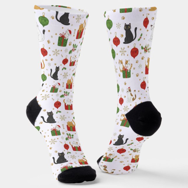 Festive Black Cat Christmas Ornaments and Snowflak Socken (Gewinkelt)