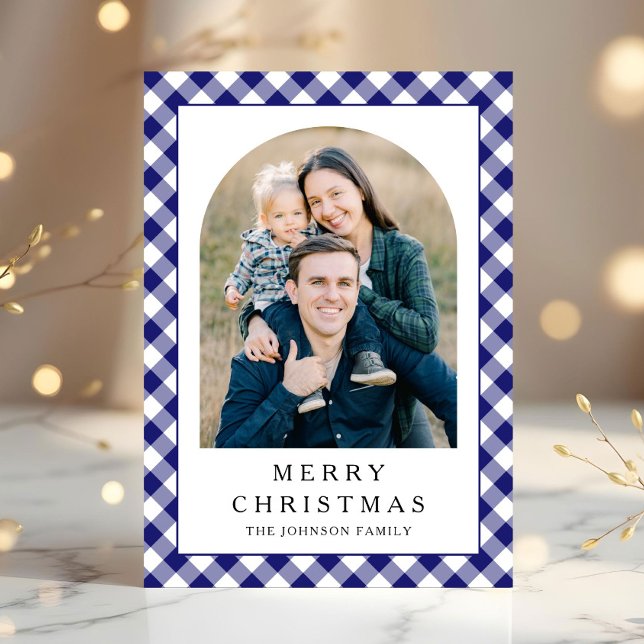 Festive Blue Gingham Photo Christmas Feiertagskarte (Festive Blue Gingham Photo Christmas Holiday Card)