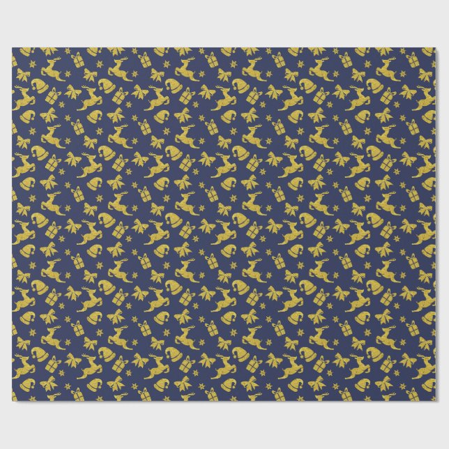 Festive Blue Gold Reindeer Christmas Holiday Geschenkpapier (Flach)