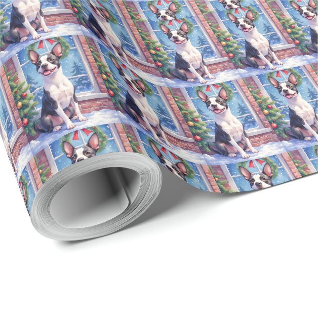 Festive Boston Terrier Christmas Art Geschenkpapier (Rolleneckpunkt)