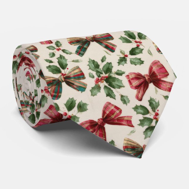 Festive Bow and Holly Christmas Pattern  Krawatte (Gerollt)