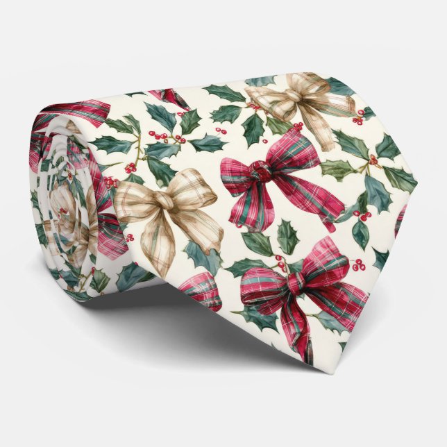 Festive Bow and Holly Christmas Pattern  Krawatte (Gerollt)