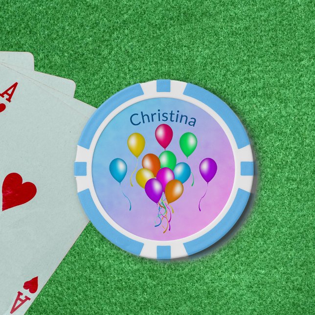 Festive Bright Balloons Multiple Colors Streamer Pokerchips (Bunch bright festive colourful balloons on blue fading to pink poker chips.)