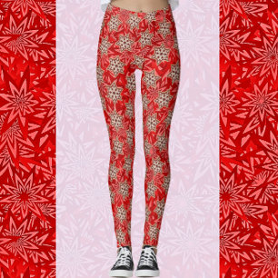 Festive Bright Red Stars Happy Holiday Leggings