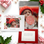 Festive Candy Cane Merry Christmas One Photo Dreifach Gefaltete Urlaubskarte<br><div class="desc">Fun,  colorful and whimsical candy cane style frame and watercolor Christmas candy surrounding a one-photo landscape aspect template with a unique custom candy cane Merry Christmas greeting. The panels feature two additional photo templates as well as editable text fields.</div>
