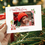 Festive Candy Cane Merry Christmas One Photo Feiertagskarte<br><div class="desc">Fun,  colorful and whimsical candy cane style frame and watercolor Christmas candy surrounding a one-photo landscape aspect template with a unique custom candy cane Merry Christmas greeting.</div>