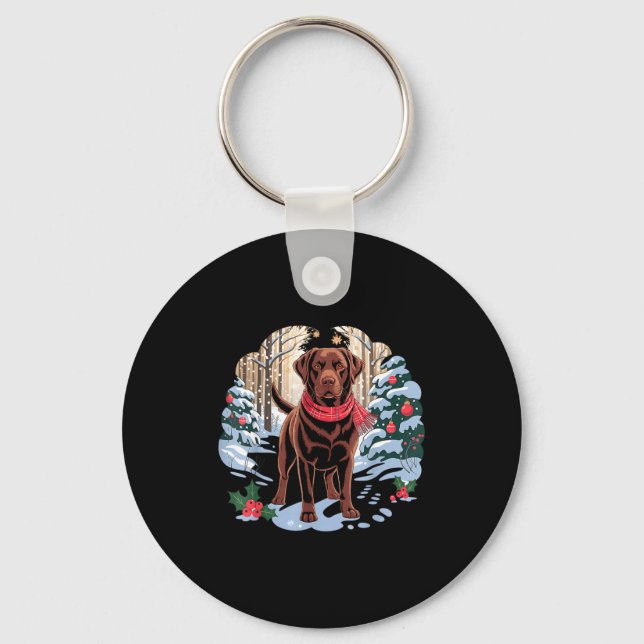 Festive Chocolate Lab In Snowy Forest Winter Xmas  Schlüsselanhänger (Vorderseite)