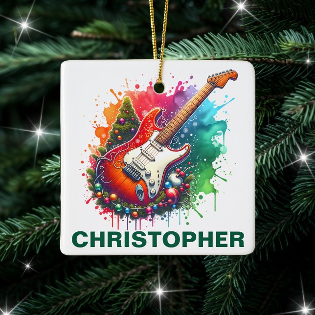 Festive Christmas Electric Guitar Custom Name Keramikornament (Von Creator hochgeladen)