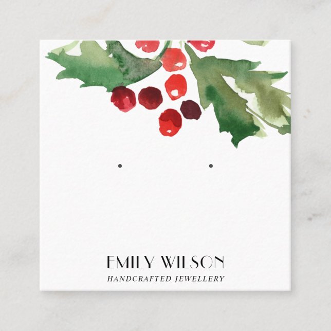 FESTIVE CHRISTMAS HOLLY BERRY STUD EARRING DISPLAY QUADRATISCHE VISITENKARTE (Vorderseite)
