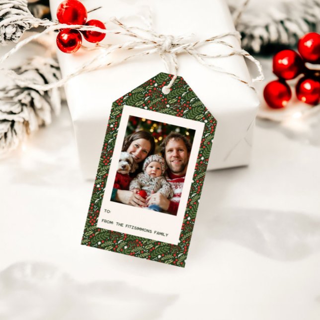 Festive Christmas Holly Leaf Holiday Photo Card Geschenkanhänger (Holly Leaf Christmas photo gift tag)