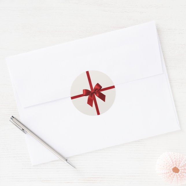 FESTIVE CHRISTMAS modern gift red ribbon bow Runder Aufkleber (Umschlag)
