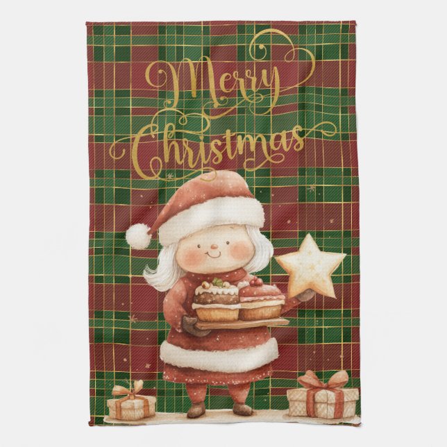 Festive Classic Red Green Gold Tartan Frau Claus Geschirrtuch (Vertikal)