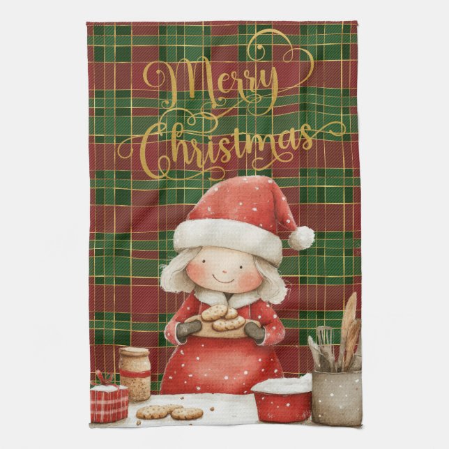 Festive Classic Red Green Gold Tartan Frau Claus Geschirrtuch (Vertikal)