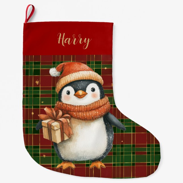 Festive Classic Red Green Gold Tartan Penguin Großer Weihnachtsstrumpf (Vorderseite)