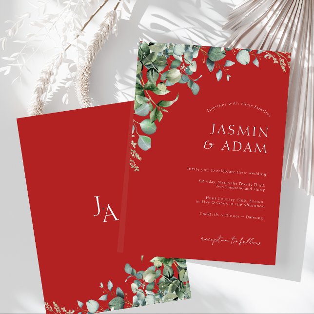 Festive Crimson Red Eucalyptus Greenerity Wedding Einladung (Festive Crimson Red Eucalyptus Greenery Wedding Invitation)