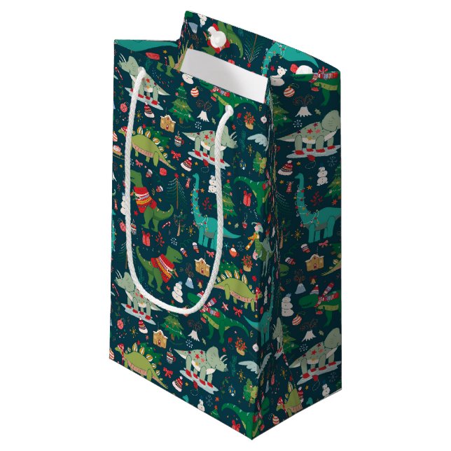 Festive Dinosaurier Weihnachtsmuster Kleine Geschenktüte (Vorderseite Schrägansicht)