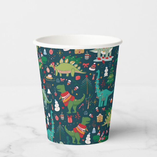 Festive Dinosaurier Weihnachtsmuster Pappbecher (Vorderseite)