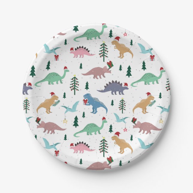 Festive Dinosaurier Weihnachtsmuster Pappteller (Vorderseite)
