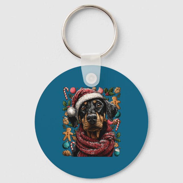Festive Doberman With Santa Hat Snowy Winter Chris Schlüsselanhänger (Vorderseite)