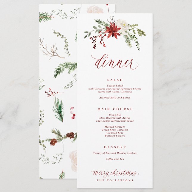 Festive Elegant Watercolor Christmas Dinner Menükarte (Vorne/Hinten)