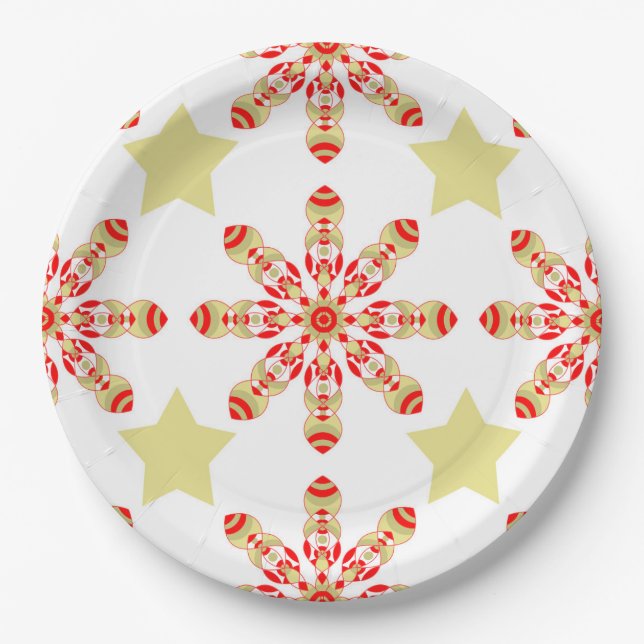 Festive Eleganz: rotes und goldenes Sternenmuster Pappteller (Vorderseite)