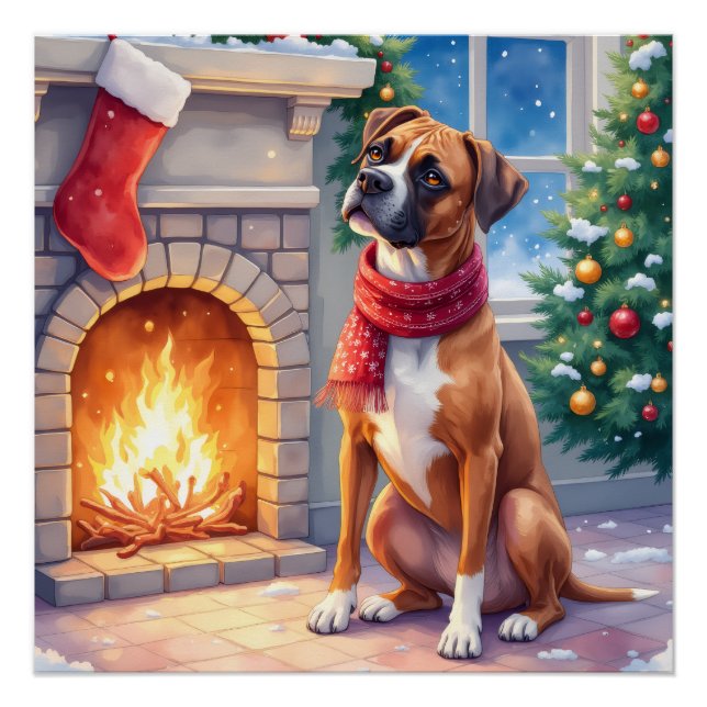 Festive Fireplace Boxer Christmas Art Poster (Vorderseite)
