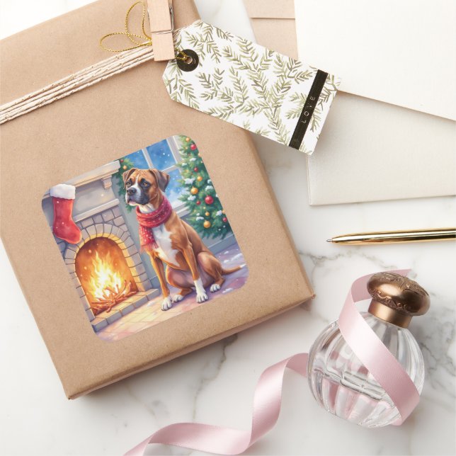Festive Fireplace Boxer Christmas Art Quadratischer Aufkleber (Schenken)