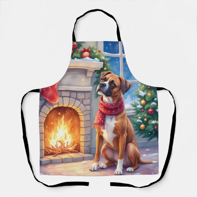 Festive Fireplace Boxer Christmas Art Schürze (Vorderseite)