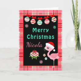 Festive Flamingo Merry Christmas with Name Feiertagskarte
