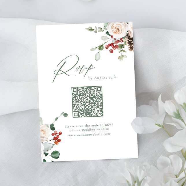 Festive Floral Holiday Winter Wedding QR code RSVP Karte (Festive Floral Holiday Winter Wedding QR code RSVP Card)