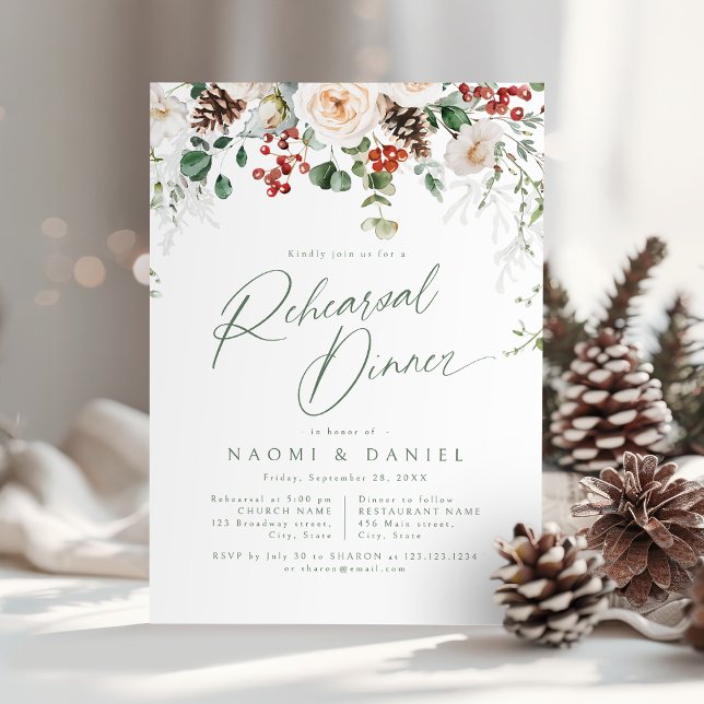 Festive Floral Winter Wedding Rehearsal Dinner Einladung (Festive Floral Winter Wedding Rehearsal Dinner Invitation)