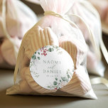 Festive Floral Winter Wedding thank you favors Runder Aufkleber<br><div class="desc">Elegant watercolor flowers design of white roses,  pine cones,  berries and eucalyptus greenery,  with modern stylish script.  Festive palettes of red,  sage green,  and white,   Great wedding favor stickers for holiday Christmas wedding,  country garden wedding,  and boho floral wedding in winter.</div>