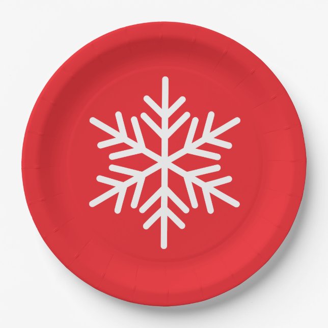 Festive Fun White Nordic Snowflake On Bright Red Pappteller (Vorderseite)