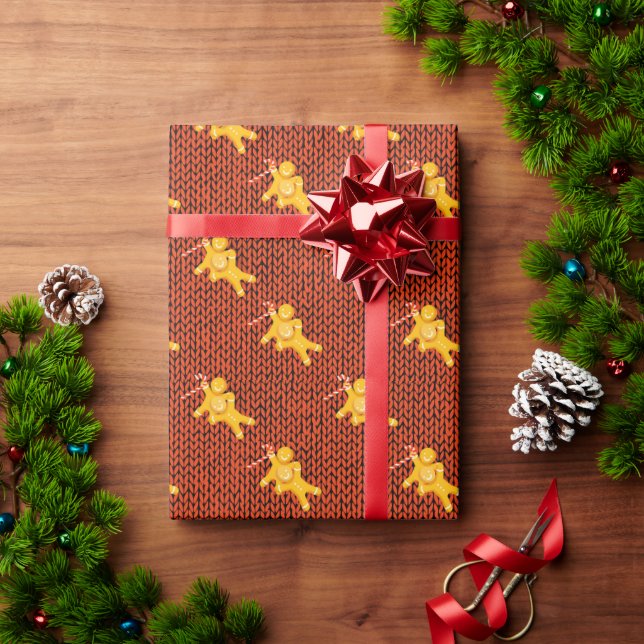 Festive Gingerbrei Mann auf Gemütlichem Strick Wei Geschenkpapier (Feiertagsgeschenk)