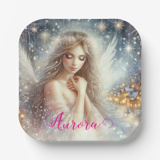 Festive Girly Watercolor Ethereal Frost Snow Angel Pappteller (Vorderseite)