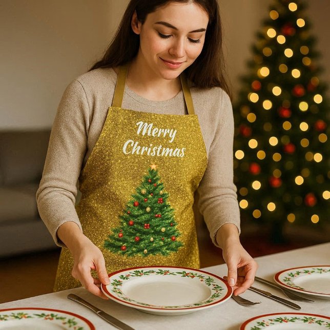 Festive Gold Glitzer Weihnachtsbaum Feier Schürze (Gold glitter with Christmas tree  holiday apron for dinner  party hostess. A thoughtful gift idea )