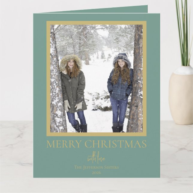 Festive Gold Green Merry Christmas Photo Karte (Vorderseite)