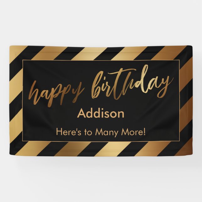 Festive Gold Streifen auf Black Happy Birthday Banner (Horizontal)