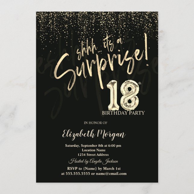Festive Gold Surprise 18th Birthday Party Einladung (Vorderseite)