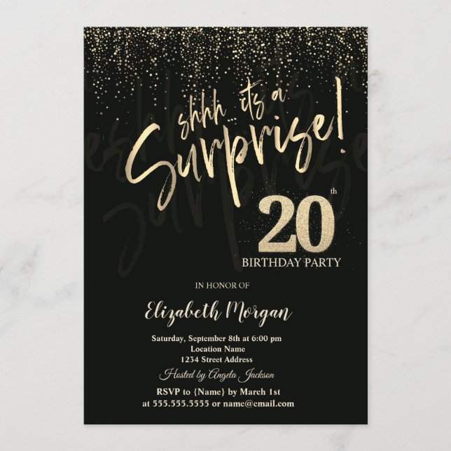 Festive Gold Surprise 20th Birthday Party Einladung (Vorderseite)