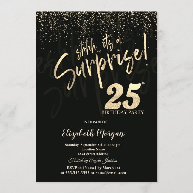 Festive Gold Surprise 25th Birthday Party Einladung (Vorderseite)