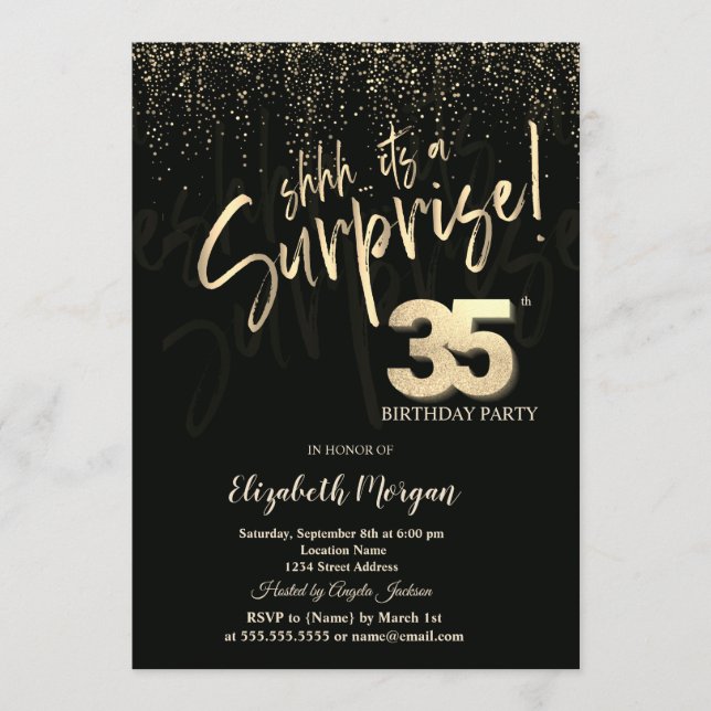 Festive Gold Surprise 35th Birthday Party Einladung (Vorderseite)