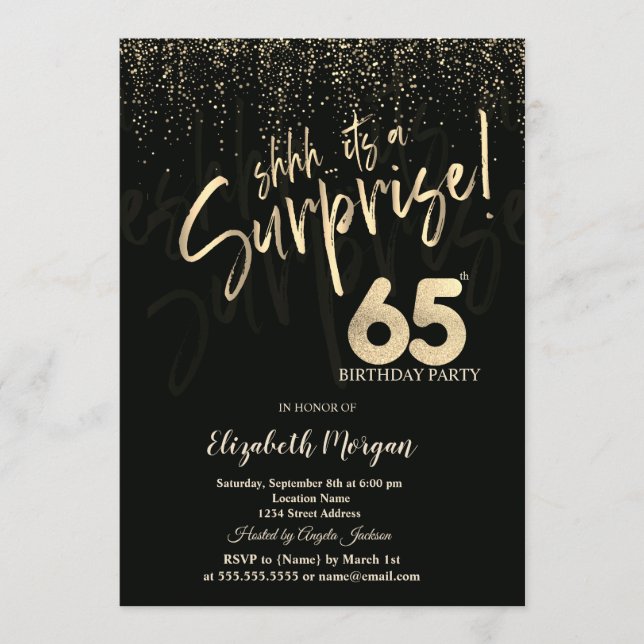 Festive Gold Surprise 65th Birthday Party Einladung (Vorderseite)