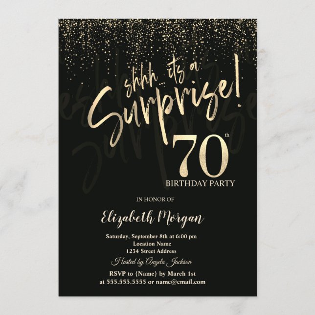 Festive Gold Surprise 70th Birthday Party Einladung (Vorderseite)