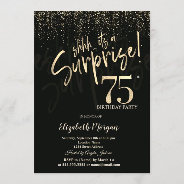 Festive Gold Surprise 75th Birthday Party Einladung (Vorderseite)